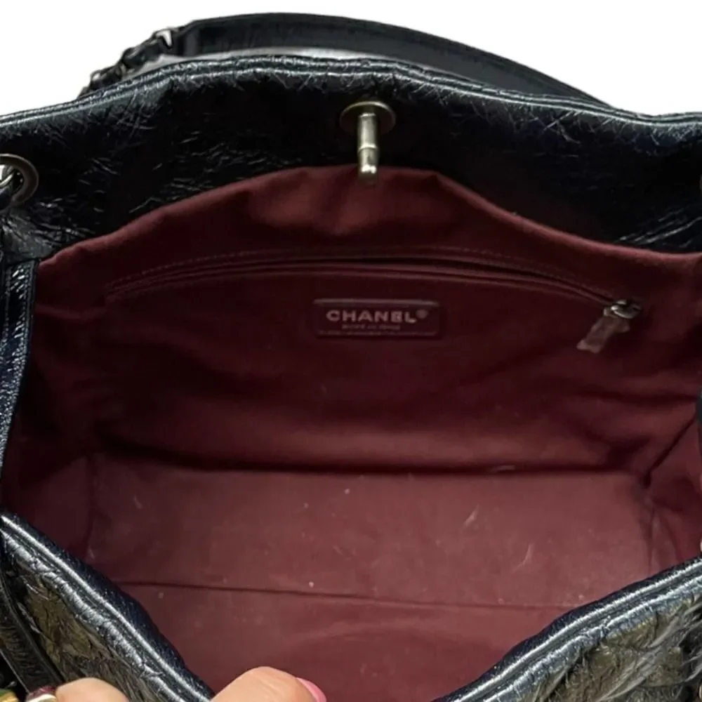 Chanel Accordion Large Quilted Crackled Handbag Blue